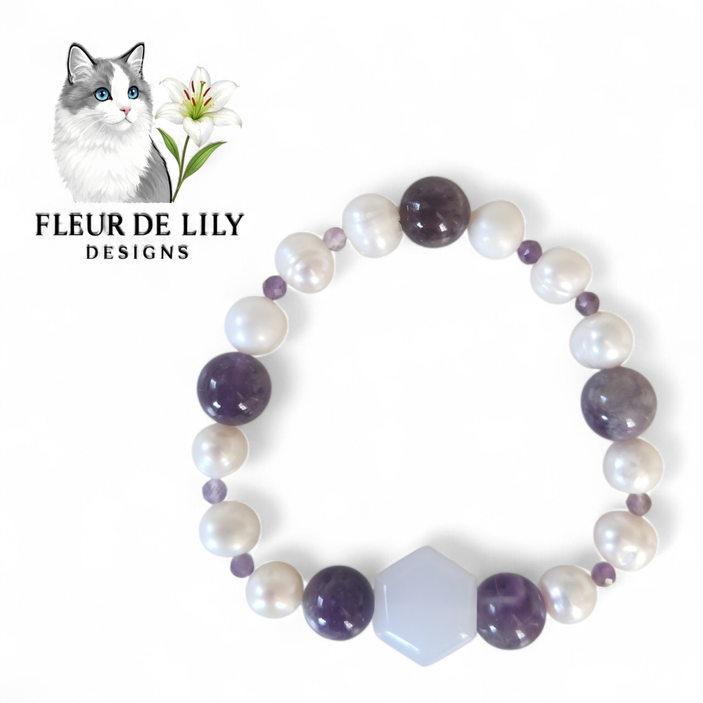 Bracelet and Earrings Pearl, Amethyst, and Blue Lace Agate  8-10mm 6.3-7 In.